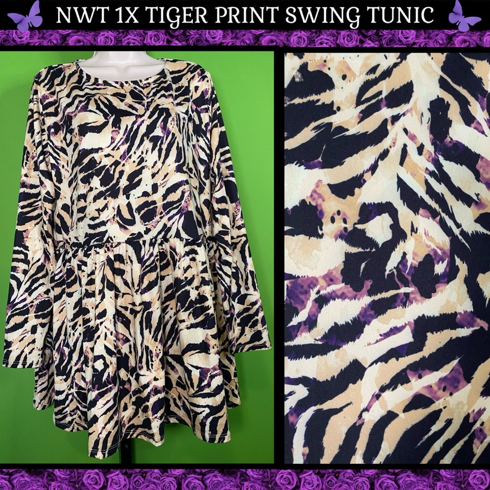 NWT 1X SWING TUNIC BLACK & BUTTERY BEIGE TIGER ANIMAL PRINT generously sized
